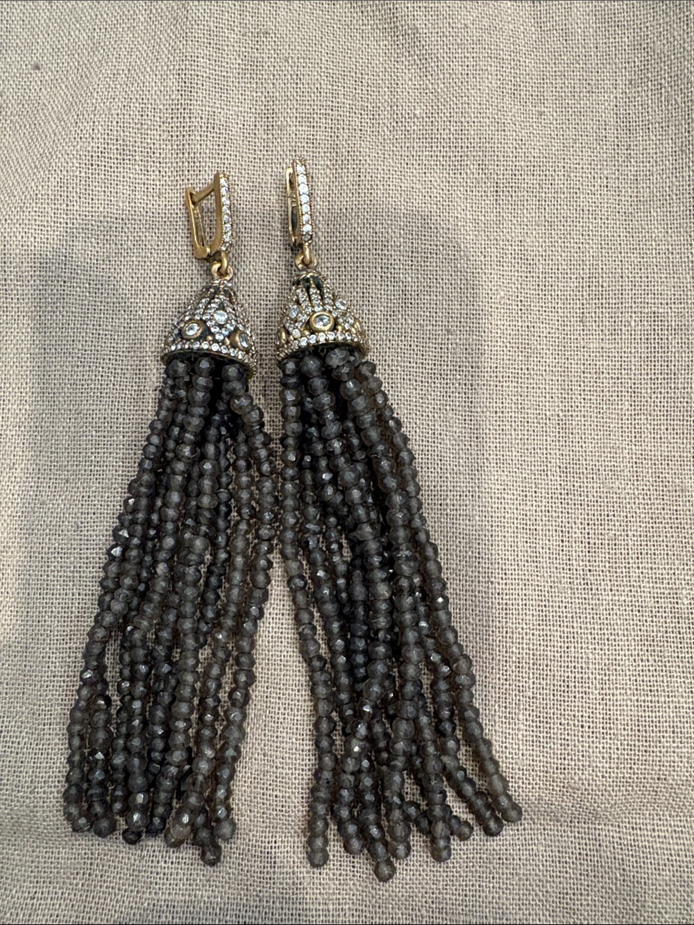 Handmade Gray Beaded Tassel Drop Earrings - Gold Accent